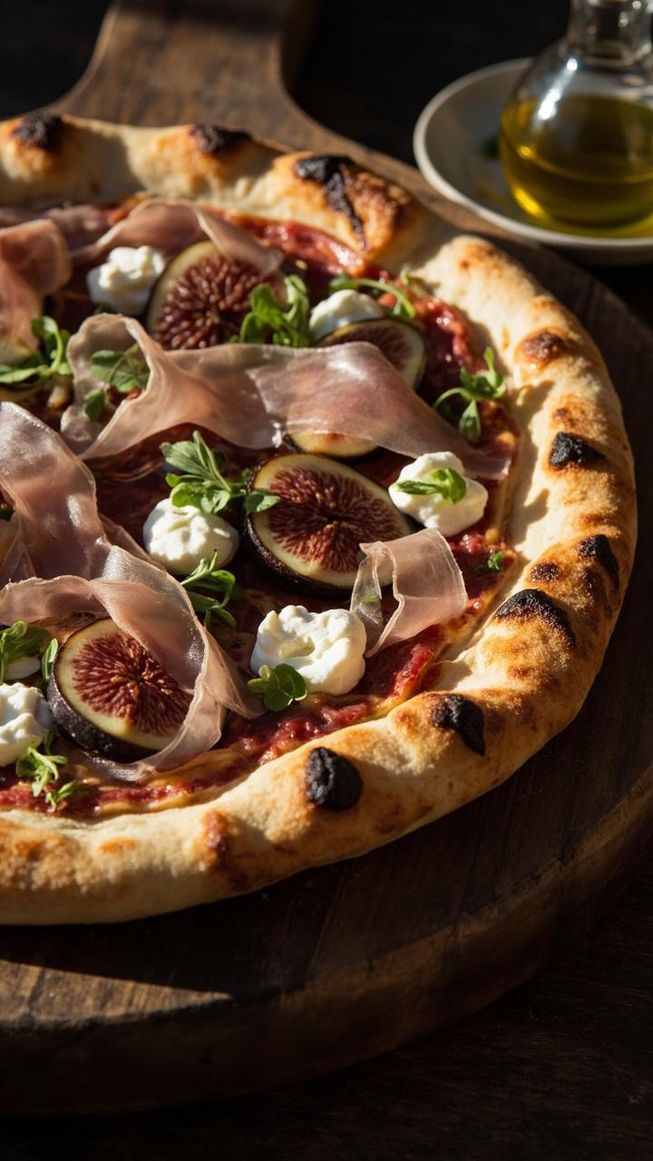 Thin blistered pie on a wooden board, halved fresh figs nestled between dollops of white goat cheese, thin prosciutto ribbons, small scattering of microgreens, a ceramic dish with extra olive oil