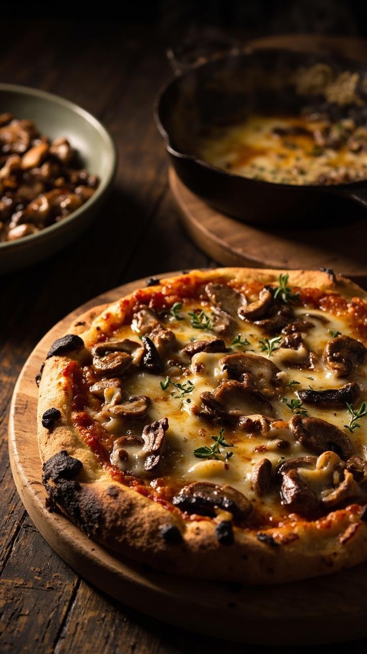 Rustic pizza on a round wooden board, caramelized mixed mushrooms across the top, melted golden fontina, scattered fresh thyme sprigs, a small cast iron pan of sautéed mushrooms nearby