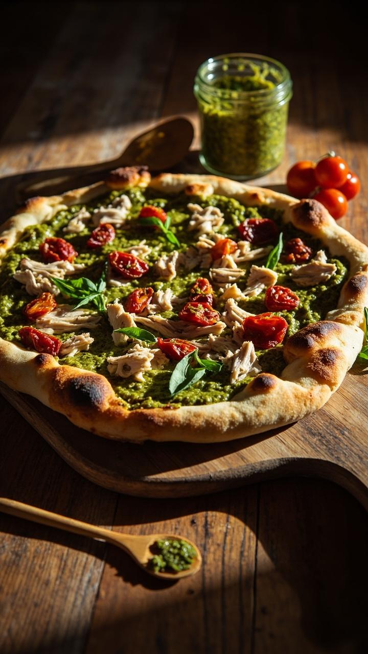 Green pesto topped pizza on a wooden peel, shredded chicken and red sun-dried tomatoes visible, small basil leaf garnish, a jar of pesto and a wooden spoon beside the board