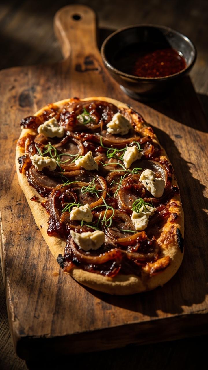 Oval pizza on a wooden board, glossy caramelized onions spread across the surface, crumbled gorgonzola scattered, thin herb sprigs, a small bowl of balsamic reduction beside the board