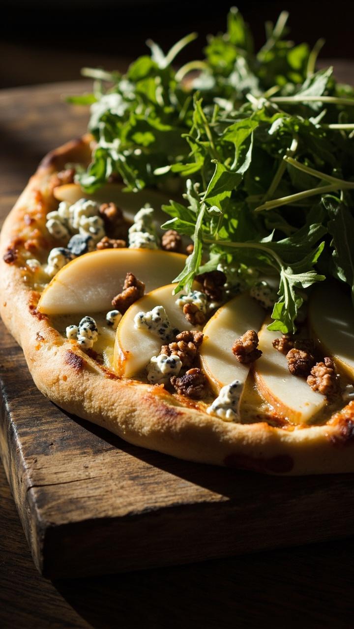 Round pizza on a wooden board, thin pear slices fanned across, crumbled blue cheese, toasted walnut pieces, a few arugula leaves scattered after baking