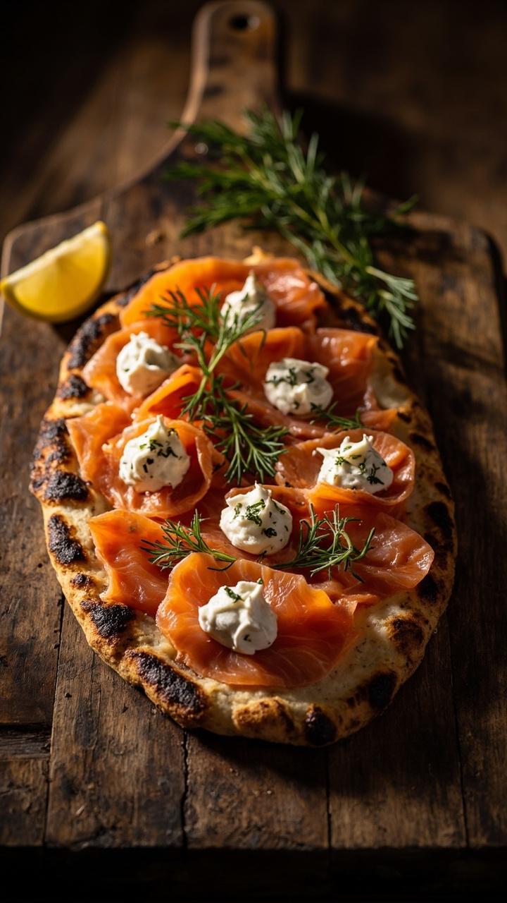 Thin charred crust on a wooden peel, thin ribbons of smoked salmon laid across, dollops of white dill crème fraîche, small lemon wedges on the side, fresh dill sprigs