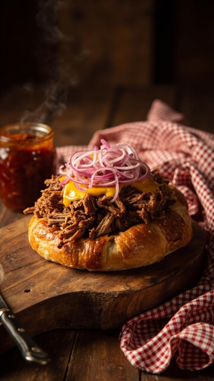 Rustic pie on a wooden board, shredded pulled pork piled in the center with melted cheese, thin pink pickled red onion slices on top, a small jar of barbecue sauce beside the board, a checkered napkin