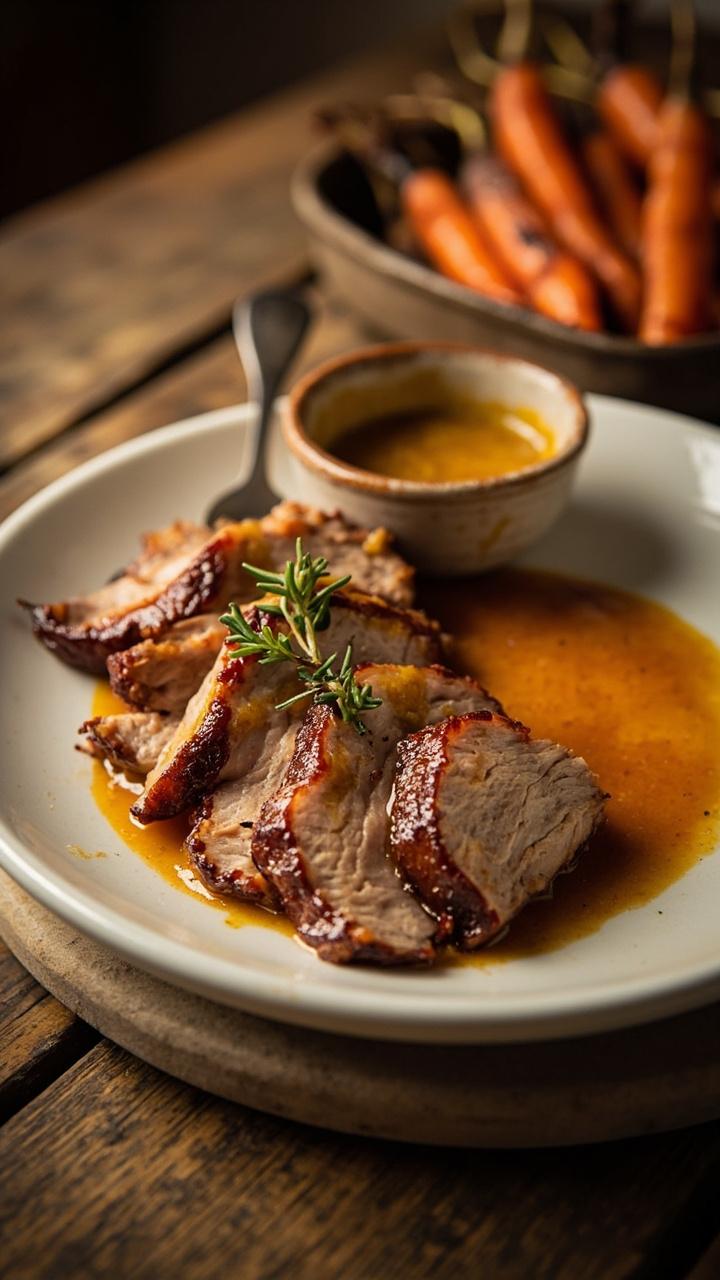 Slices of caramel colored pork arranged on a round white plate, a small pool of glossy maple mustard sauce beside the meat, a sprig of thyme on top, a small ramekin of extra sauce, warm roasted carrots in the background on a wooden table