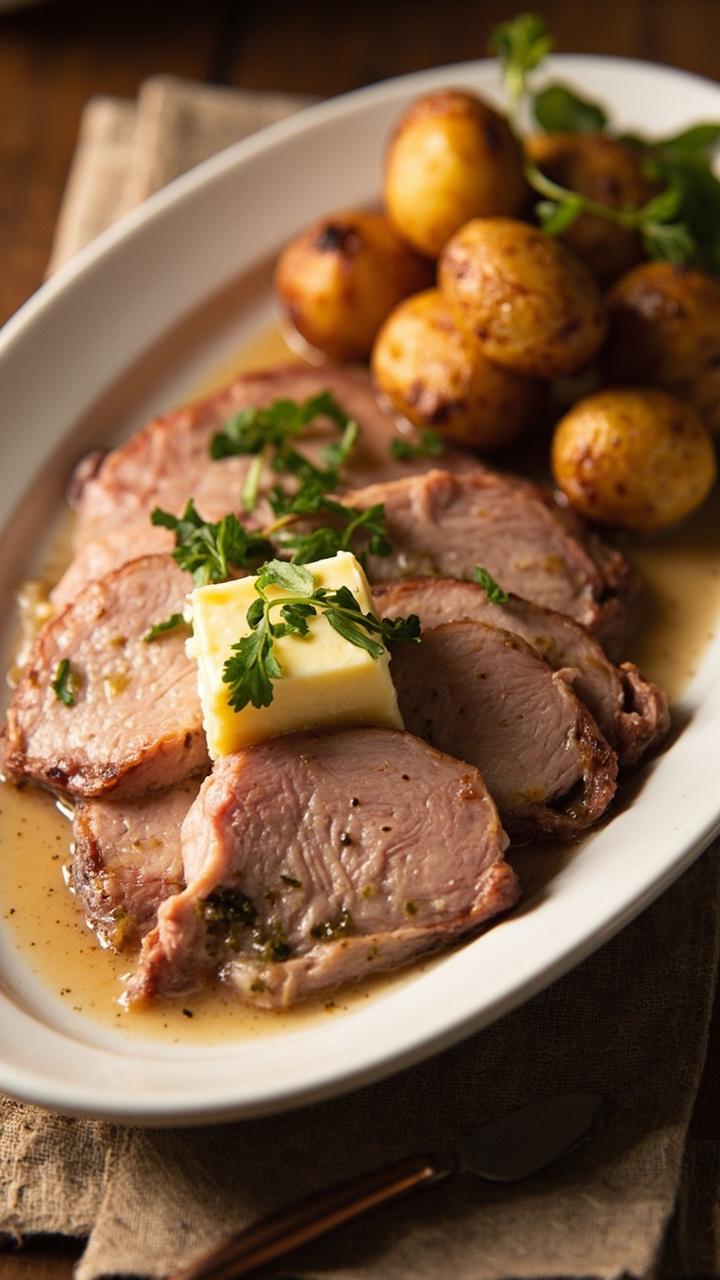 Thick slices of pale pink pork topped with melted herb butter, scattered chopped parsley, a small pat of butter melting on top, a beige linen napkin under a white oval platter, roasted baby potatoes to the side
