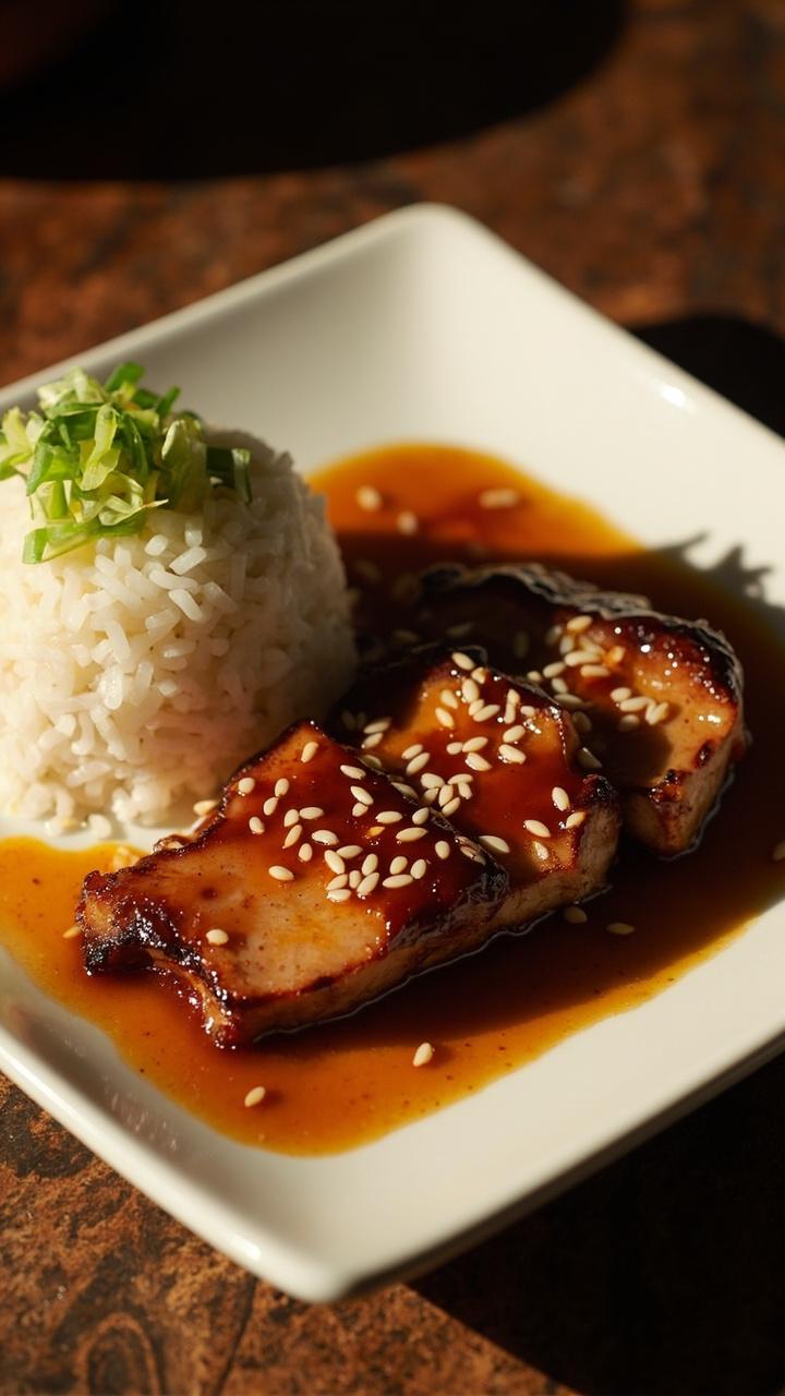 Glazed pork slices with a shiny honey garlic coating, sesame seeds lightly sprinkled, small mound of steamed jasmine rice beside the pork, thinly sliced scallions on top, dark wooden board under a square white plate