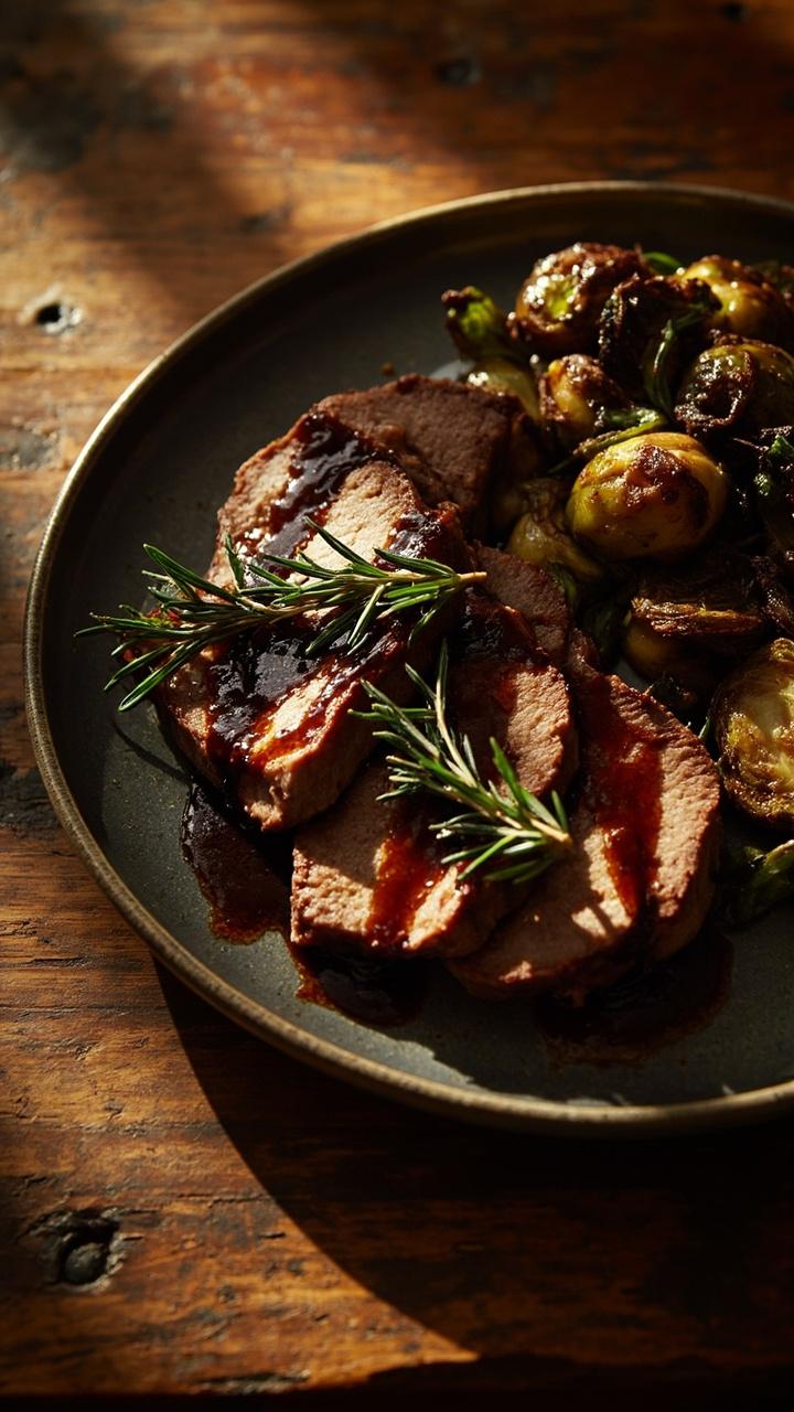 Slices of pork with a glossy balsamic glaze, a few whole rosemary sprigs artfully placed, roasted Brussels sprouts on the side, a dark ceramic platter on a rustic wooden table