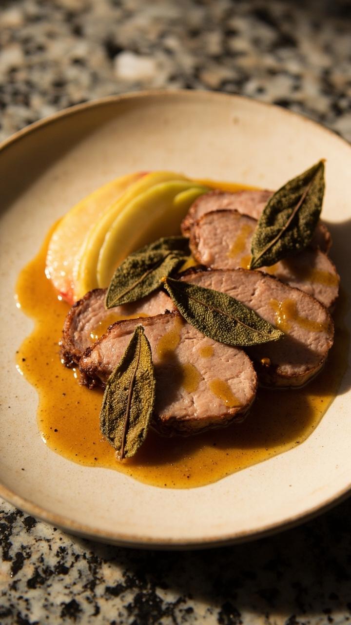 Sliced pork with a light amber cider reduction, thin apple slices fanned beside the meat, a few fried sage leaves on top for texture, a cream colored plate on a granite countertop