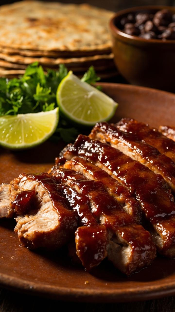 Sliced pork with a deep reddish glaze, lime wedges on the side, a small heap of cilantro leaves for garnish, corn tortillas and a bowl of black beans visible in soft focus