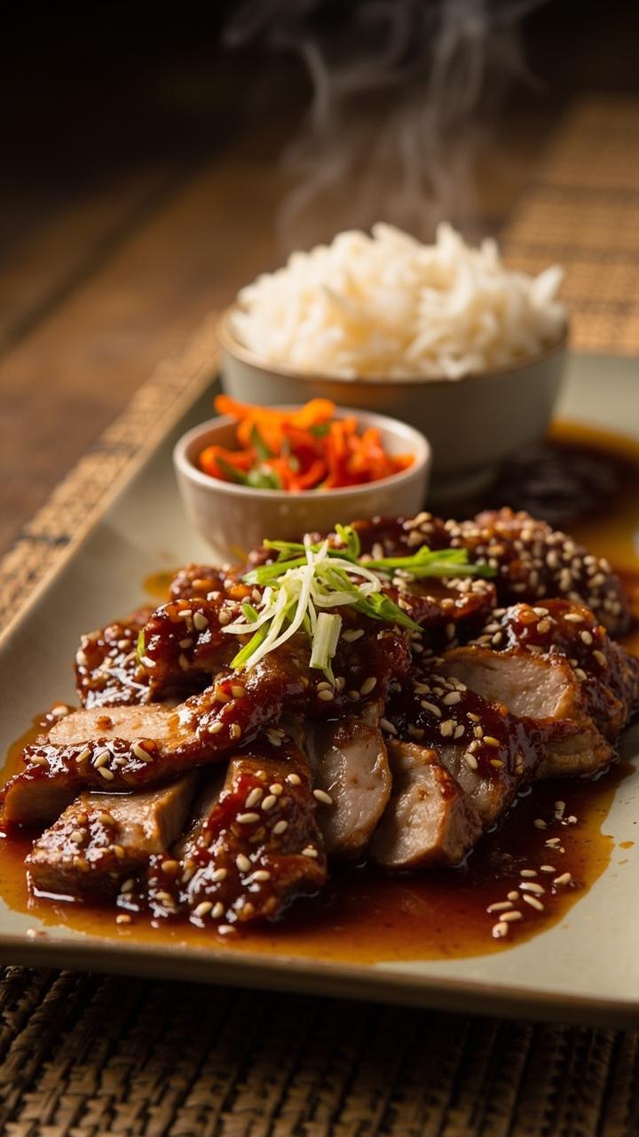 Glazed pork slices with a dark glossy hoisin coating, sprinkled sesame seeds and chopped scallion, a small bowl of steamed rice and pickled vegetables beside it, a bamboo mat under a rectangular plate