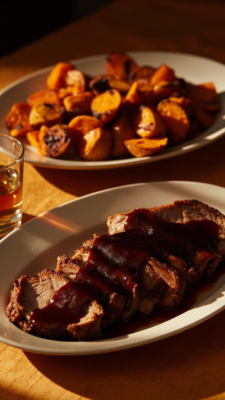 Sliced pork with a glossy dark caramel sauce, a small shot glass with a splash of bourbon beside the platter, roasted sweet potatoes to the side, a warm amber tablecloth under an oval dish