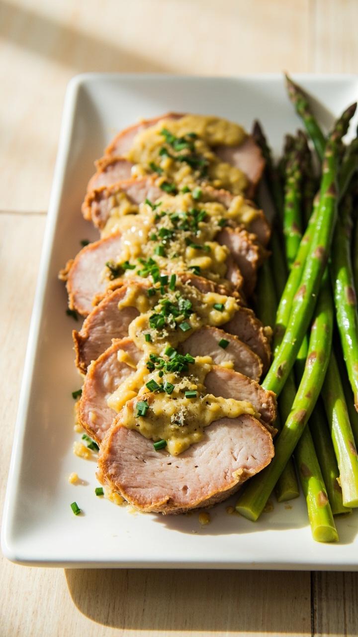 Pork slices with a pale yellow mustard herb coating, chopped chives and parsley scattered on top, a side of steamed asparagus, a white rectangular platter on a light wood table