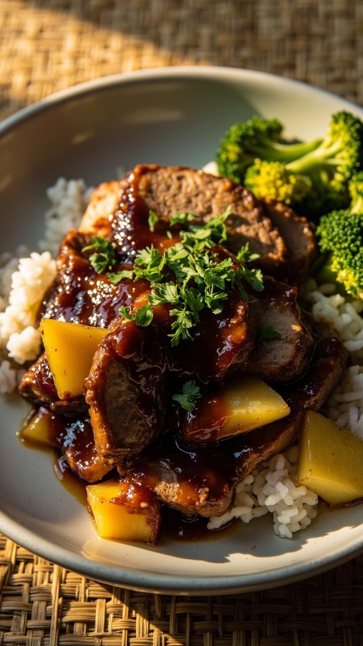 Sliced pork glazed with dark teriyaki and small pineapple chunks, a sprinkle of chopped cilantro, a side of steamed broccoli and rice visible, a round white plate on a bamboo placemat