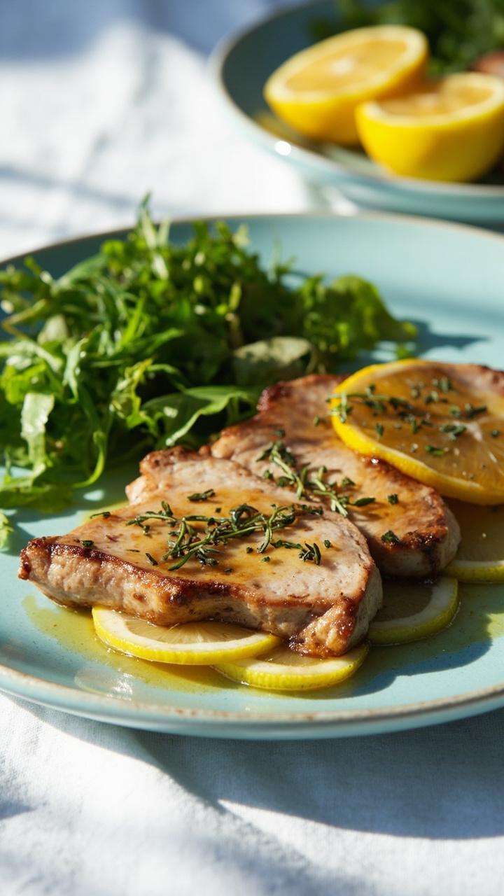 Thin lemon slices tucked under slices of pork, a light pan sauce with flecks of thyme, a small green salad in view, a pale blue plate on a white tablecloth