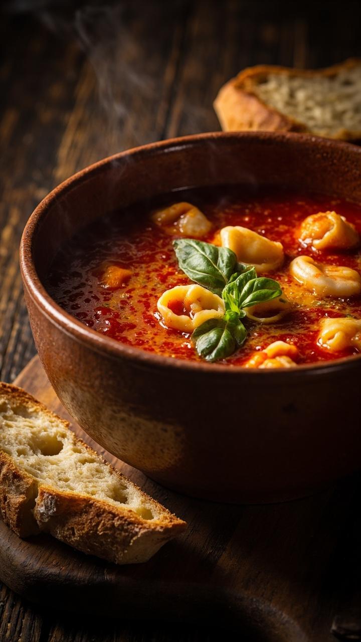 Deep ceramic bowl filled with bright red tomato broth, plump cheese tortellini floating, scattered fresh basil leaves, a drizzle of olive oil, a crusty bread slice on a wooden board