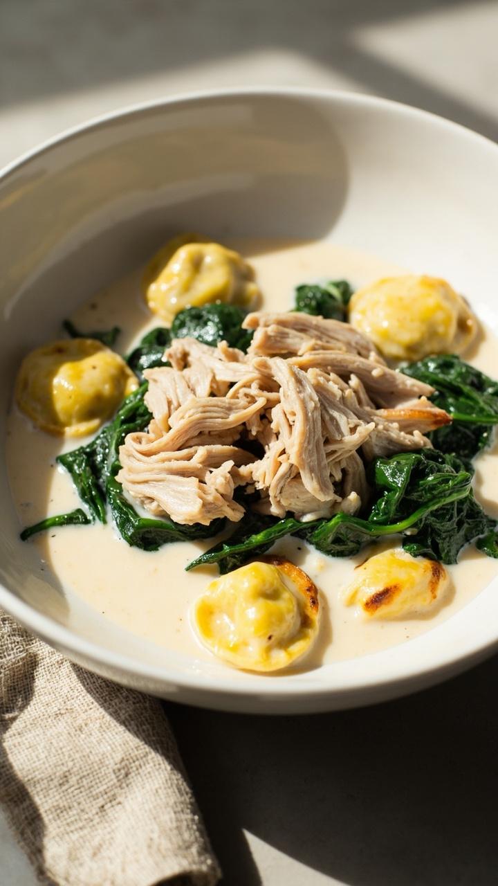 Shallow white bowl of creamy pale sauce, sliced shredded chicken on top, bright green wilted spinach mixed in, three or four golden edged tortellini visible, linen napkin beside bowl
