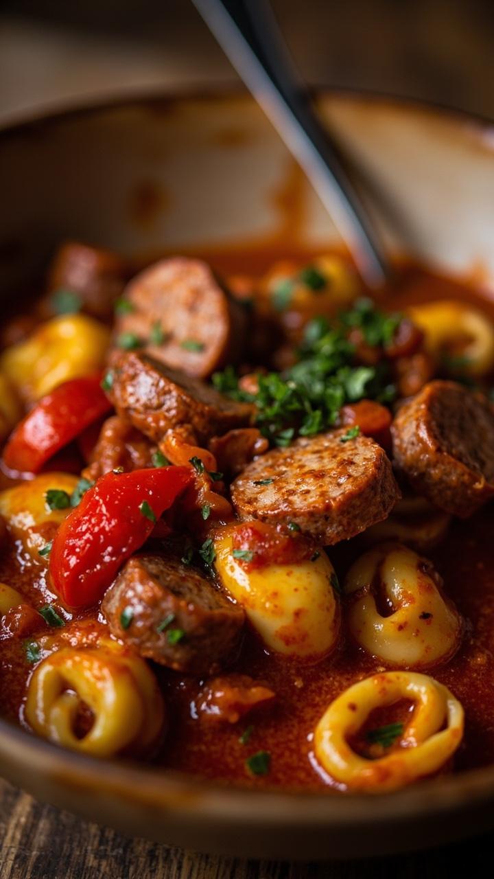 Wide shallow bowl with chunky red and yellow bell pepper pieces, browned slices of sausage, tortellini peeking through a tomatoey stew, chopped parsley scattered on top, metal spoon resting on edge