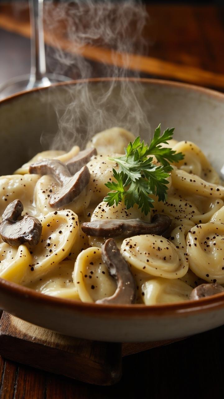 Creamy off white sauce coating tortellini and sliced brown mushrooms, a dusting of black pepper on top, parsley sprigs for color, shallow dish set on a dark wood table