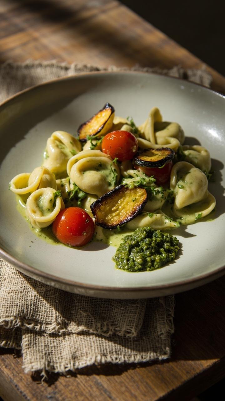 Shallow bowl of green tinted sauce with tortellini, halved cherry tomatoes, roasted zucchini rounds, a dollop of green pesto on the side, wooden table and linen placemat