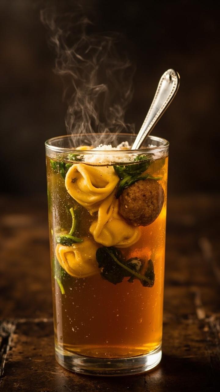 Tall bowl with clear golden broth, mini meatballs and tortellini visible, small spinach leaves floating, grated Parmesan dusting on top, spoon leaning in