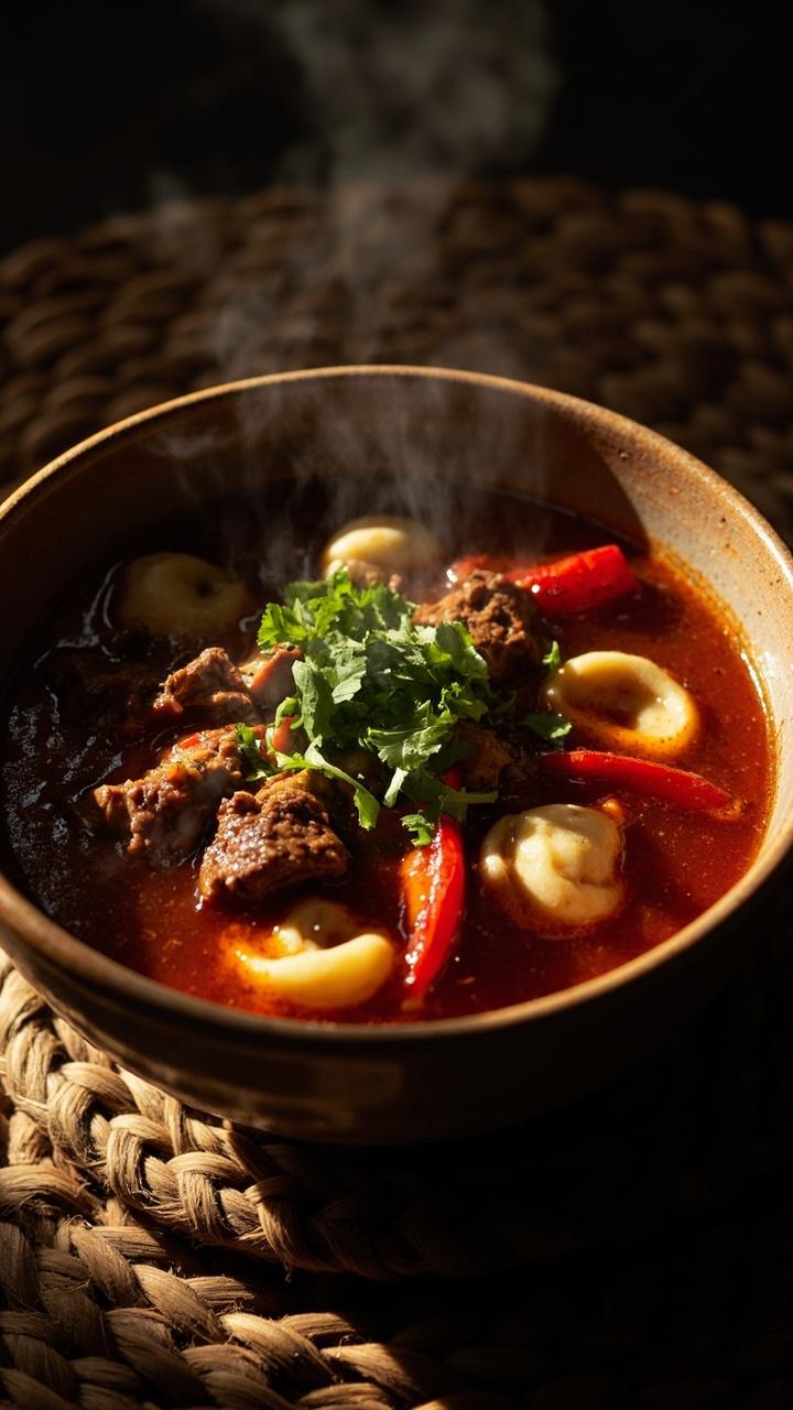 Deep bowl with chunky beef and tomato broth, strips of roasted red pepper, tortellini nestled in, chopped parsley, stoneware bowl on a textured placemat
