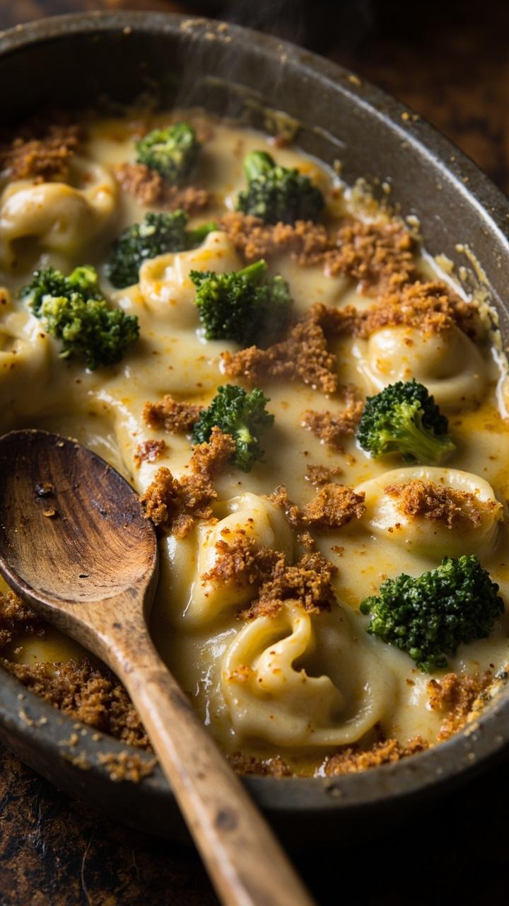 Oval stone baking dish filled with creamy melted cheese, bright green broccoli florets, golden edged tortellini, a few crispy breadcrumbs on top, wooden serving spoon at side