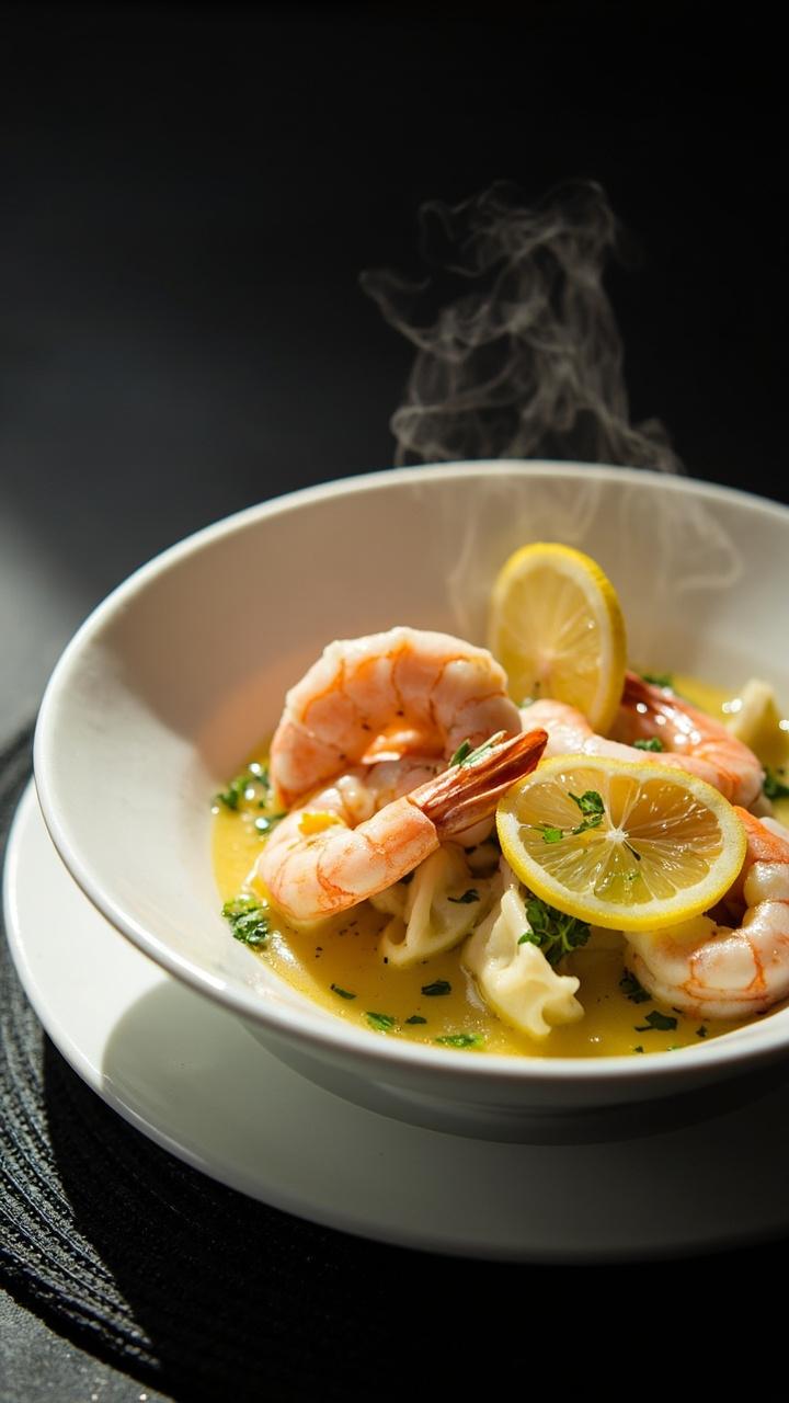 Shallow bowl with light lemon broth, pink shrimp curled over pale tortellini, thin lemon slices and chopped parsley for color, clean white plate on a dark placemat