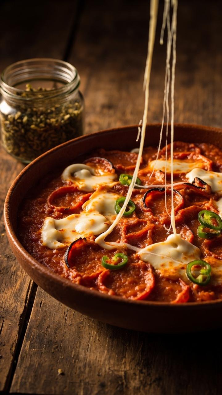 Wide bowl with tomato red sauce, visible slices of pepperoni, melted mozzarella stretching, scattered chopped green pepper, small jar of oregano on table
