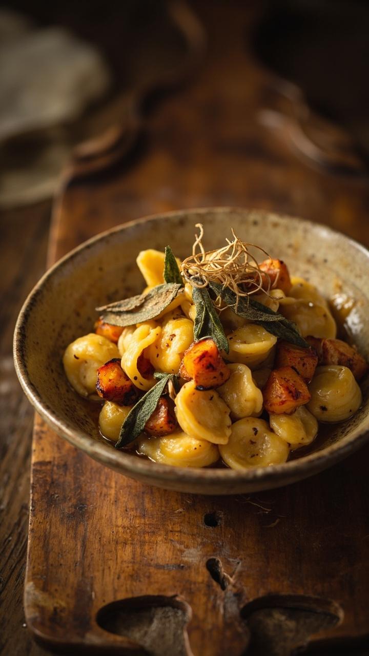 Shallow rustic bowl with chunks of roasted butternut squash, brown butter tinted sauce coating tortellini, crisp sage leaves on top, warm wood board beneath
