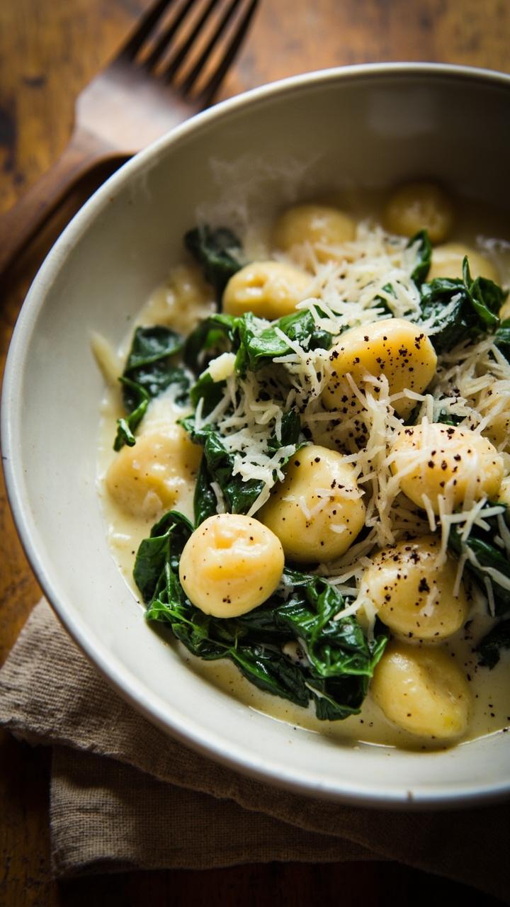 A shallow white bowl filled with pillowy gnocchi in a pale cream sauce studded with wilted dark green spinach leaves and grated Parmesan melting on top, a sprinkle of cracked black pepper, a small linen napkin and a wooden fork resting beside the bowl on a warm wood table.