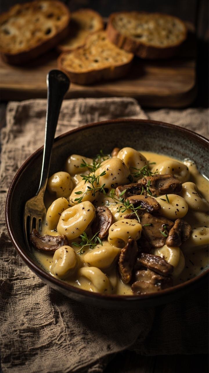 A shallow dark bowl with gnocchi and glossy brown mushroom slices in a light cream sauce, small fresh thyme sprigs scattered on top, a linen placemat, a fork leaning against the bowl and toasted sourdough on a wooden board beside it.