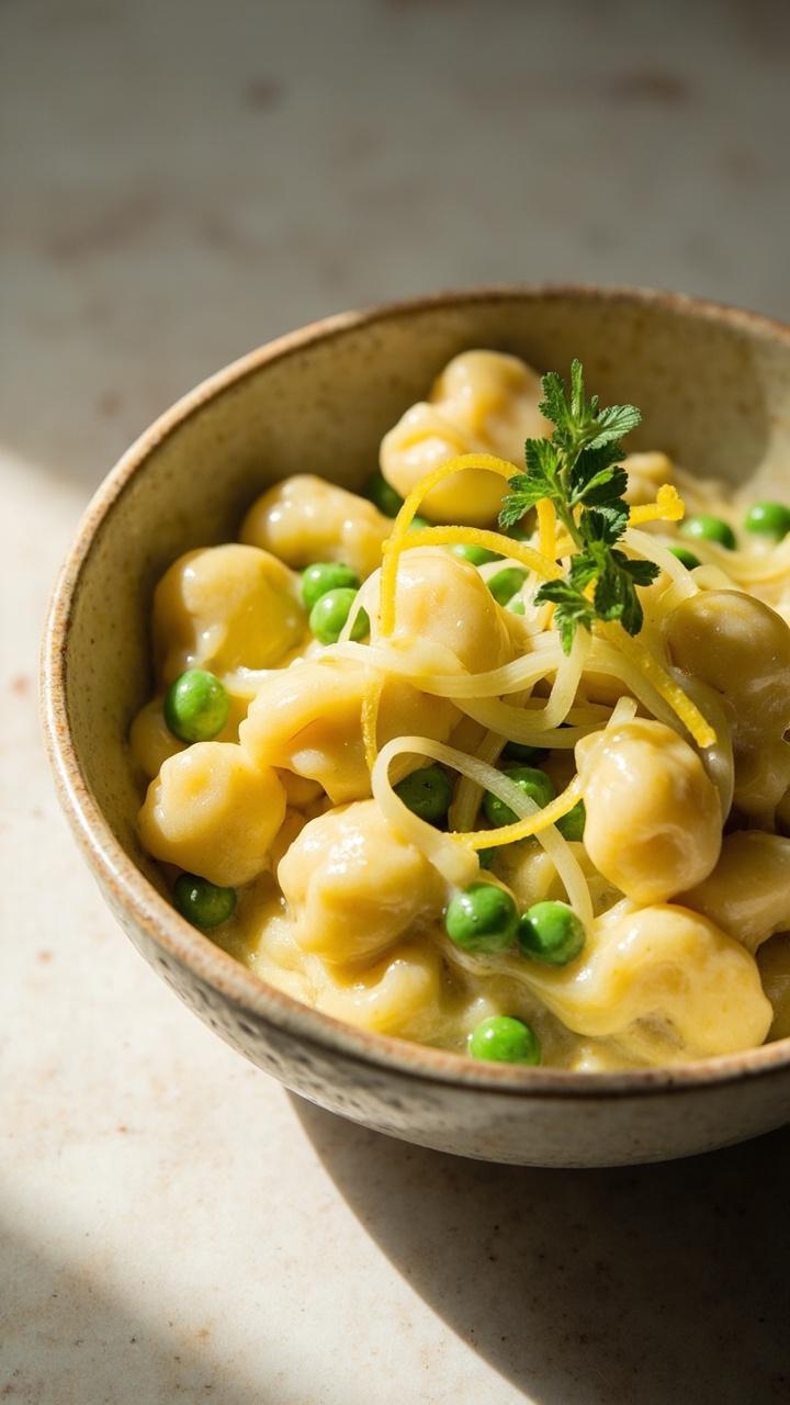 A shallow ceramic bowl with pale yellow cream sauce coating gnocchi, bright green peas scattered throughout, thin lemon zest ribbons on top, and a small sprig of mint or parsley for contrast, set on a pale stone countertop.