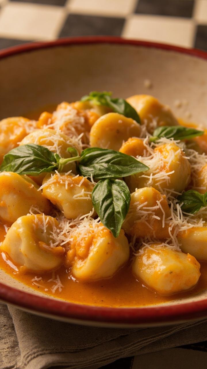 A shallow red rimmed plate with orange tinted cream sauce folded through gnocchi, bright basil leaves scattered on top, a light dusting of grated Parmesan and a cloth napkin under the plate on a checked table.