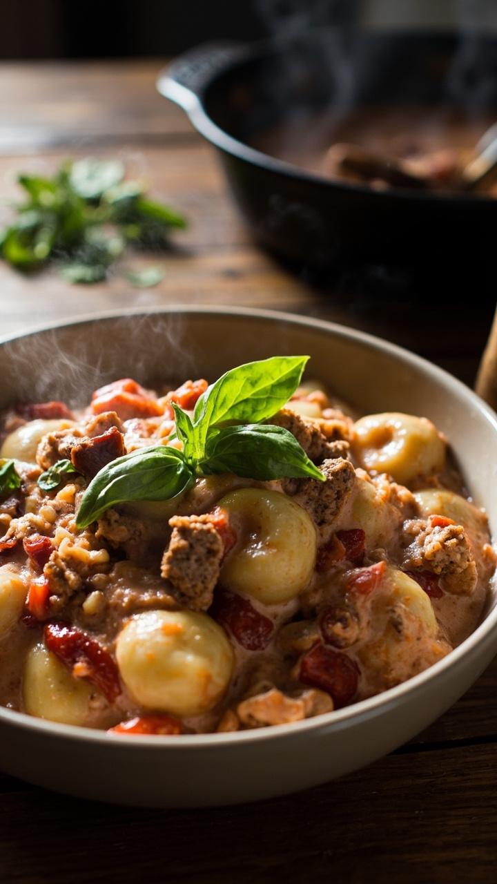 A deep bowl with gnocchi coated in a rosy cream sauce studded with browned sausage crumbles and thin strips of sun dried tomato, a few torn basil leaves on top, and a cast iron skillet in the background on a wooden table.
