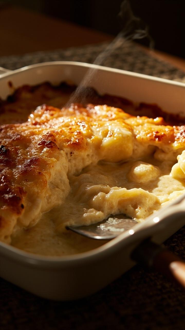 A shallow baking dish with a bubbly golden cheese crust broken open to reveal tender gnocchi in a creamy sauce underneath, a serving spatula resting on the side, and a simple woven placemat beneath the dish.
