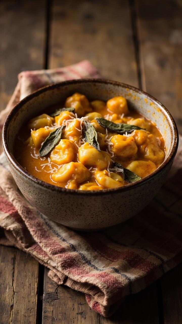 A rustic bowl with orange tinted pumpkin cream coating gnocchi, small fried sage leaves on top, a light dusting of grated Parmesan, and a plaid napkin under the bowl on a farmhouse table.