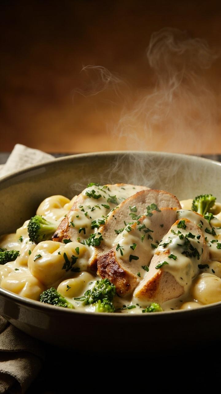 A wide shallow bowl with glossy white Alfredo sauce coating gnocchi, bite sized broccoli florets and sliced roasted chicken breast, a sprinkle of chopped parsley for color and a folded napkin to the side.