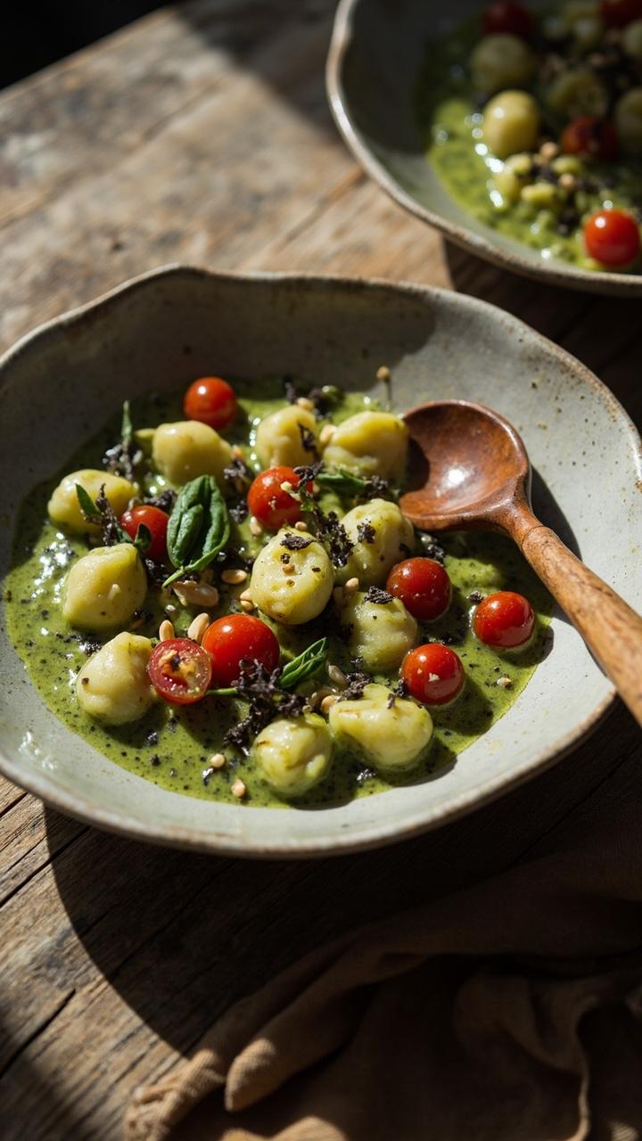 A shallow bowl with gnocchi in a green cream sauce flecked with bits of basil, halved cherry tomatoes scattered for color, a small sprinkle of pine nuts and a wooden spoon on a rustic table.