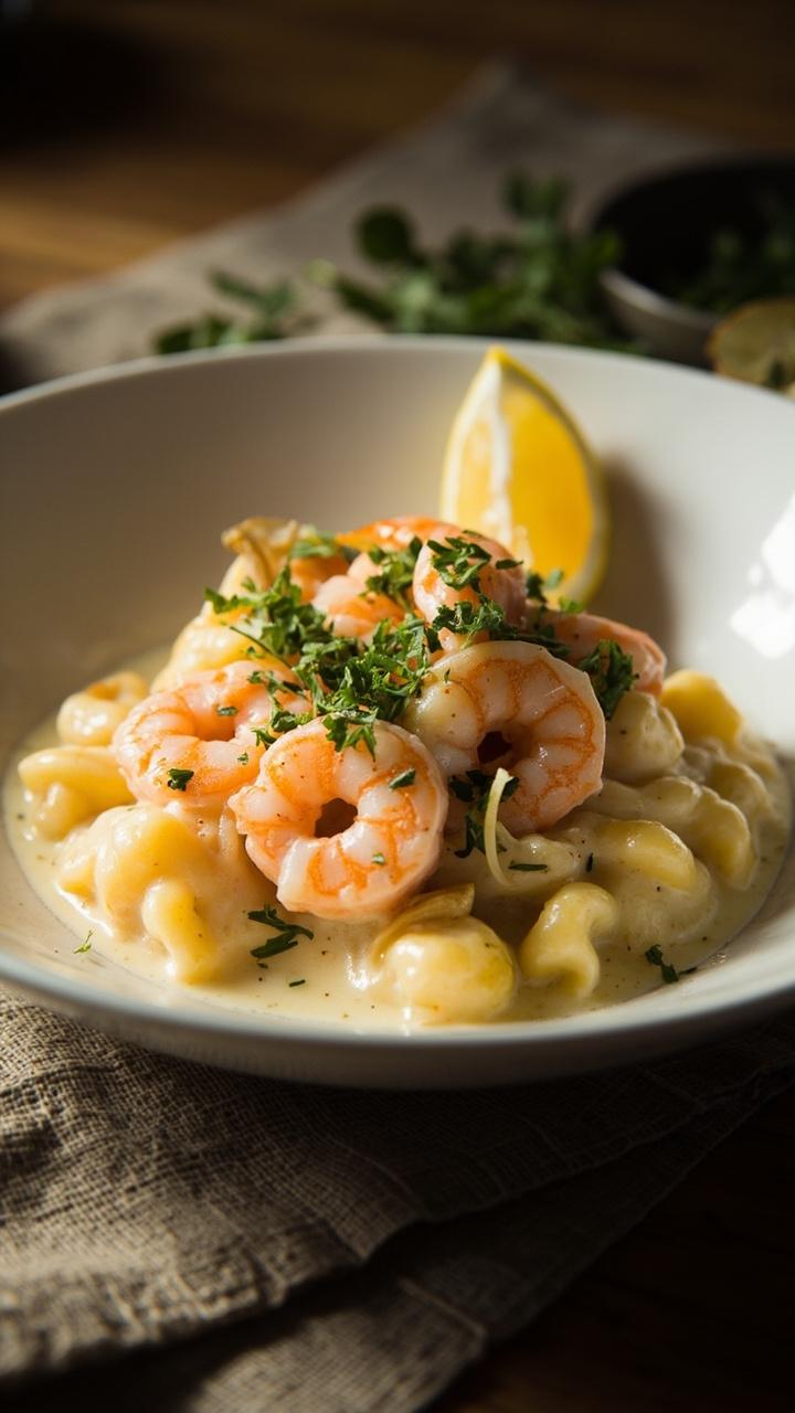 A white shallow bowl with glossy cream sauce, plump pink shrimp nestled among gnocchi, thin slices of garlic and a sprinkle of chopped parsley on top, a lemon wedge on the side and a linen napkin under the bowl.