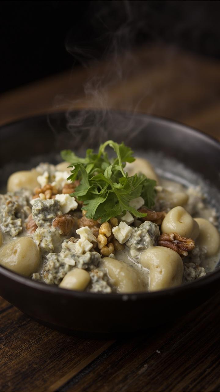 A small deep bowl with gnocchi coated in a pale gray blue cream sauce, crumbled Gorgonzola and chopped toasted walnuts scattered on top, a few arugula leaves for color and a dark wood table beneath.