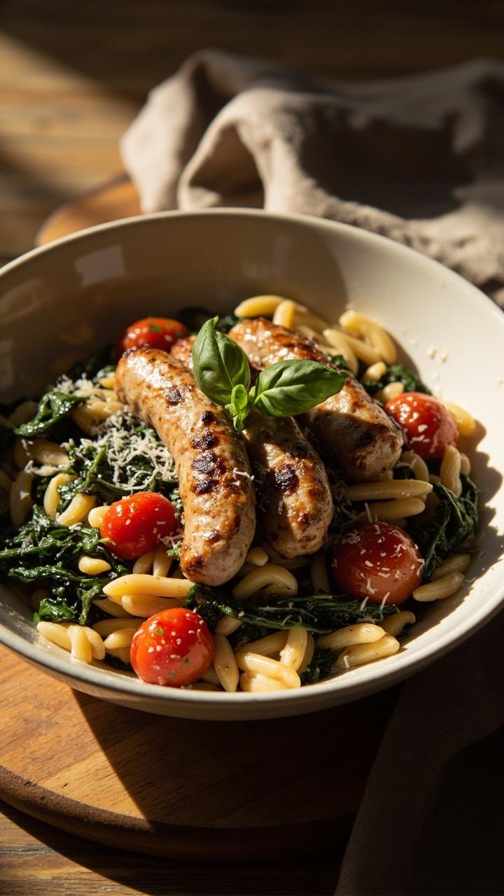Golden brown sliced Italian sausage on a bed of glossy orzo studded with wilted dark green spinach and halved red cherry tomatoes served in a shallow white bowl garnished with a sprinkle of grated Parmesan and a torn basil leaf on a wooden board with a linen napkin