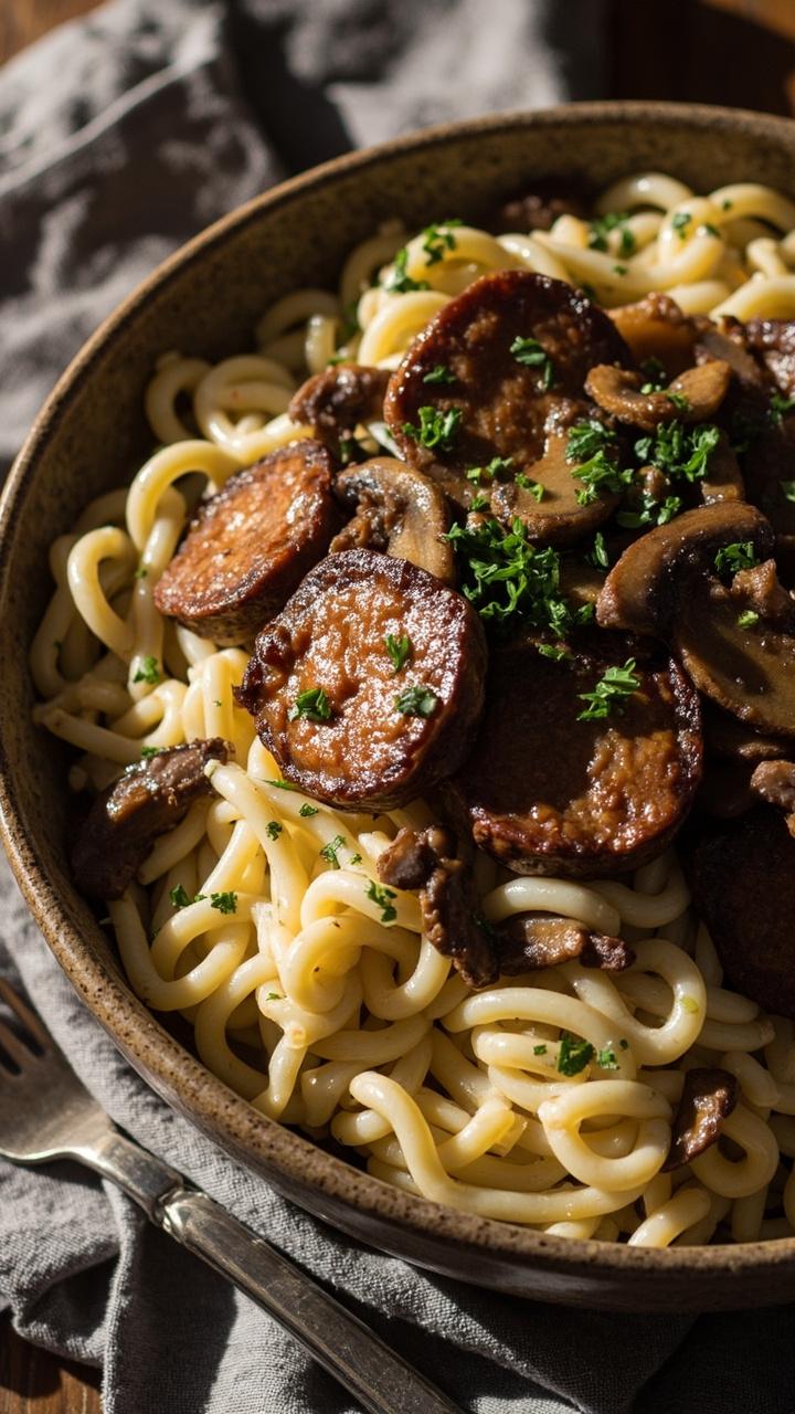 Slices of brown seared sausage nestled among creamy ivory orzo with sliced sautéed brown mushrooms on top a scattering of chopped parsley on a shallow ceramic bowl with a vintage fork and soft gray napkin