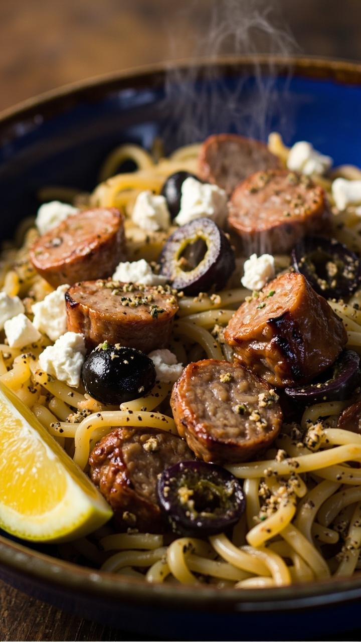 Chunks of browned sausage mixed with golden orzo flecked with crumbled white feta and sliced dark kalamata olives on a shallow blue bowl garnished with a sprinkle of dried oregano and a lemon wedge on the side