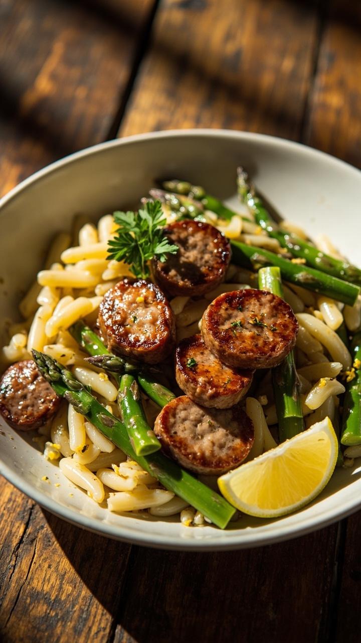 Sliced browned sausage and tender pale green asparagus tips resting on glossy orzo with flecks of lemon zest and minced garlic in a shallow white serving bowl garnished with parsley and a lemon wedge on a rustic table