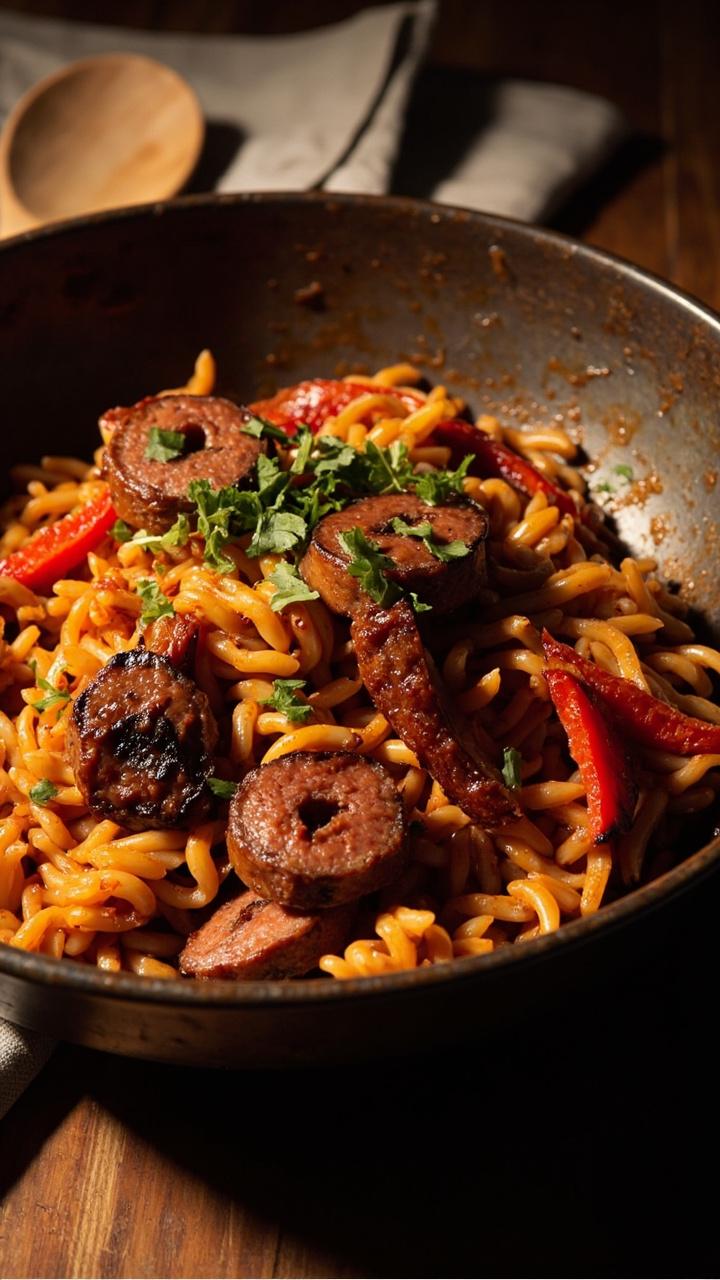 Rings of browned chorizo scattered over orange tinted orzo with strips of roasted red pepper and chopped cilantro served in a rustic metal bowl with a folded napkin and a wooden spoon