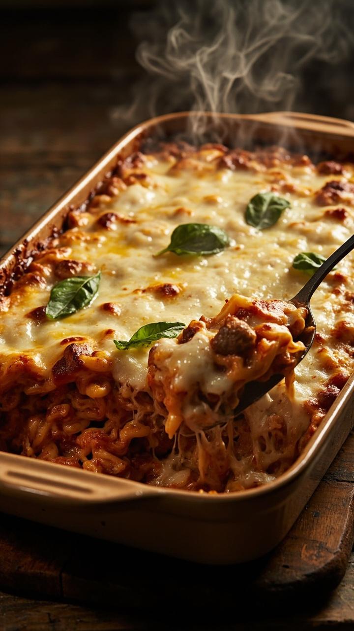 Baked golden casserole of orzo and sausage with melted bubbly mozzarella on top with a few basil leaves scattered on the surface served in a rectangular baking dish on a wooden trivet with a serving spatula