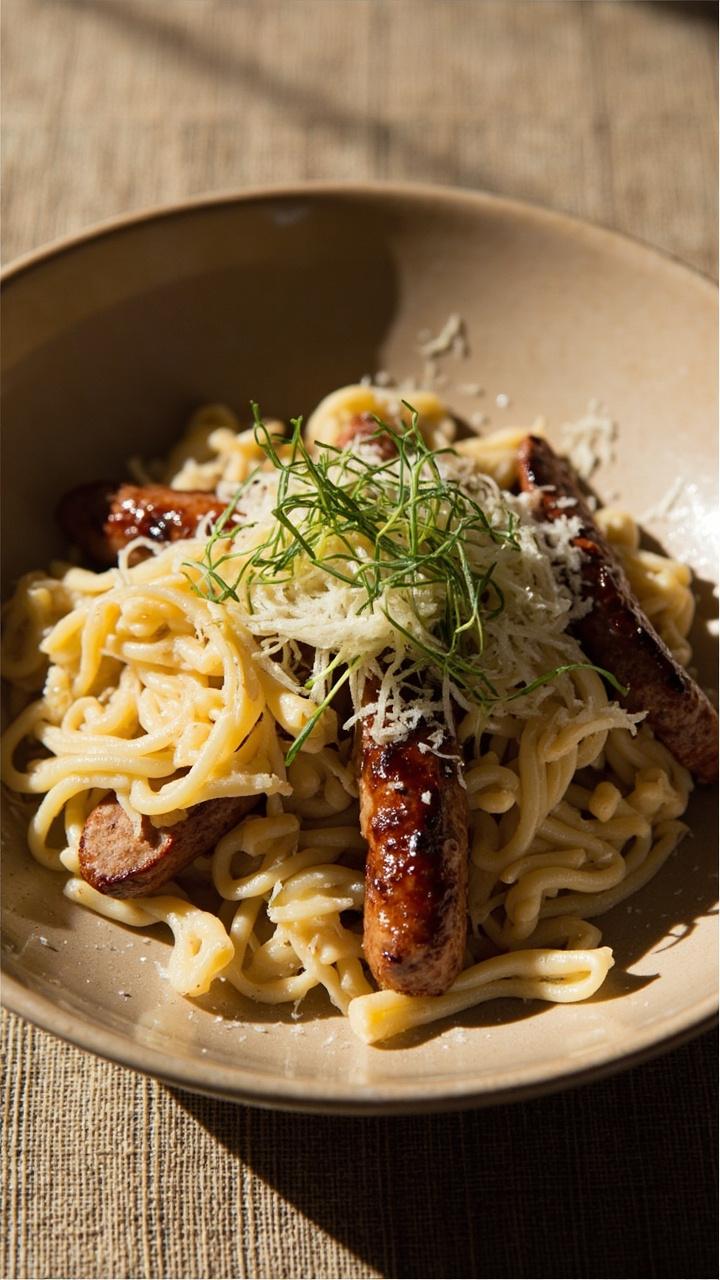 Sliced golden sausage mingled with small pale orzo and thin translucent slices of cooked fennel topped with a dusting of grated Parmesan and a few fennel fronds on a shallow beige bowl on a linen placemat