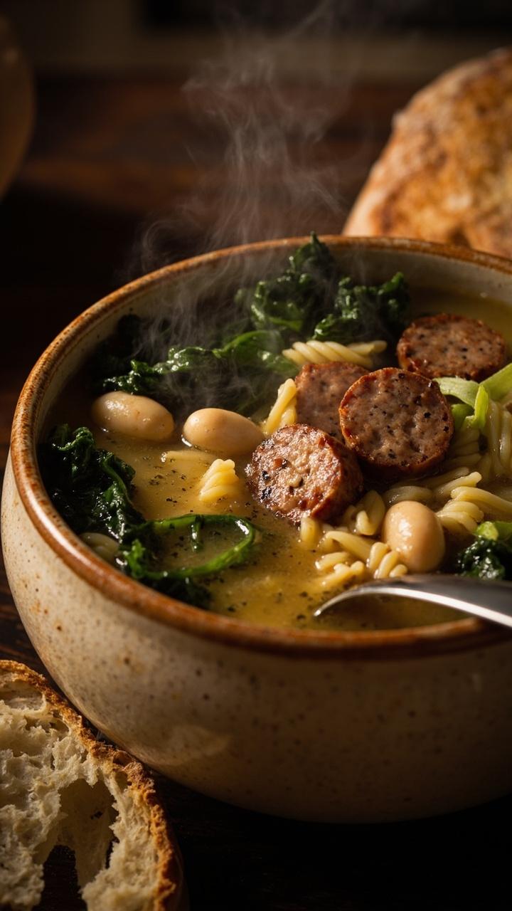 Warm broth filled with plump orzo, chunks of browned sausage, ribbons of dark green kale and white beans in a deep bowl with a spoon and a torn piece of crusty bread nearby