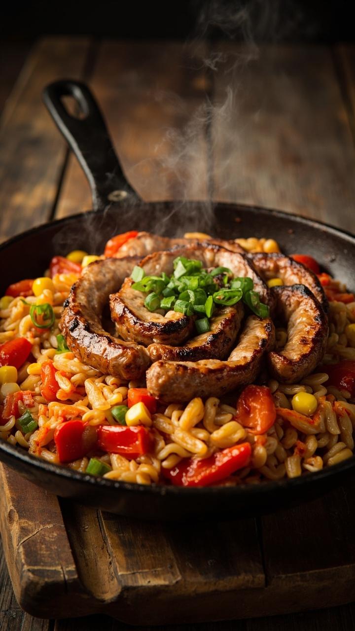 Spicy slices of sausage over orange flecked orzo with bright yellow corn kernels and red bell pepper pieces topped with chopped green onions in a shallow skillet set on a wooden board