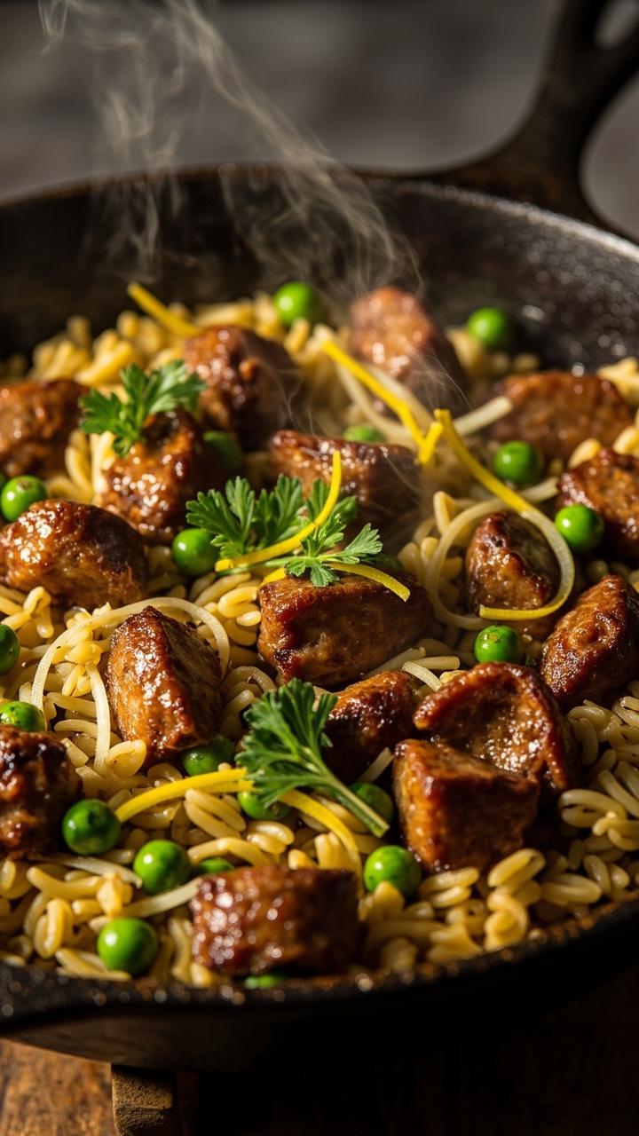 Chunks of browned sausage and bright green peas mixed into glossy orzo with visible lemon zest shavings and a few parsley leaves in a single black skillet sitting on a trivet
